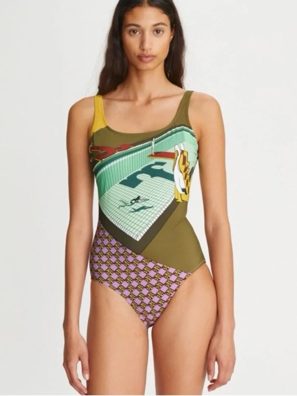 NWOT Tory Burch Pelican Reef + Logo Printed Tank Swimsuit Geometric Multicolor